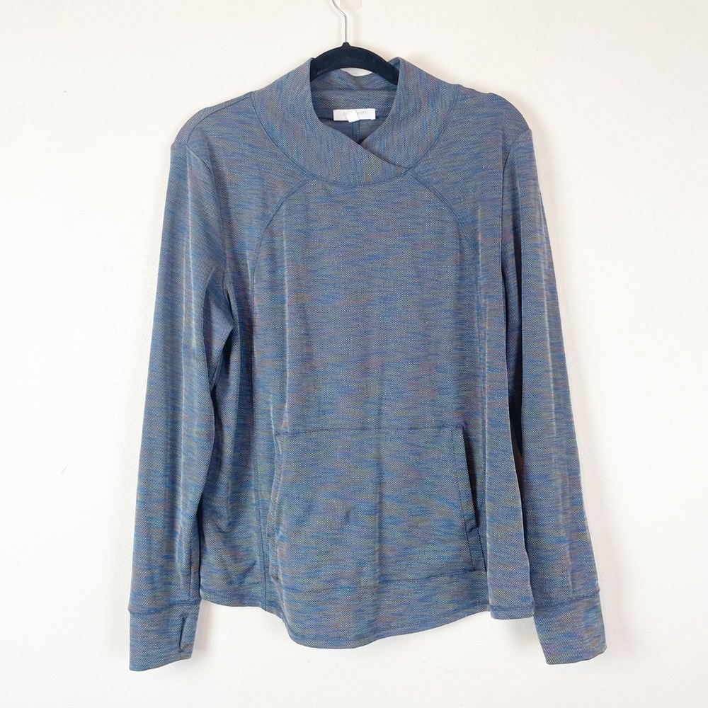 T by Talbots Funnel Neck Pullover Top Blue Multi Thumb Hole Pocket Long Sleeve L